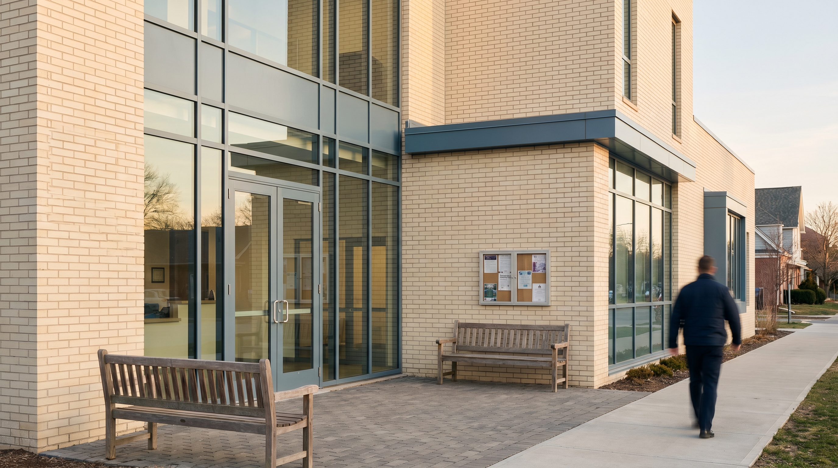 Modern community police substation storefront with brick-and-glass facade, a small community bulletin board, and benches outside in golden-hour light.